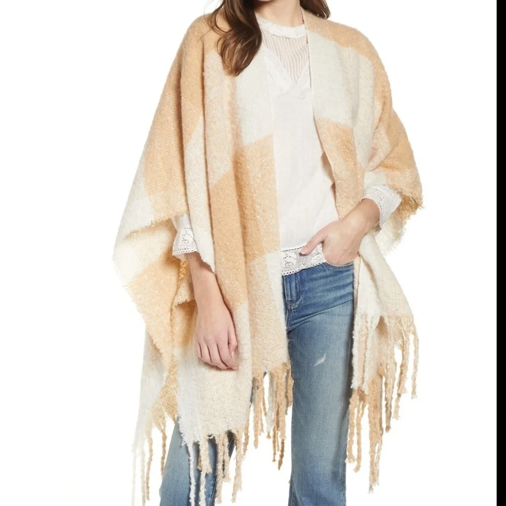 Free People Hampton Plaid Tassel Poncho One Size